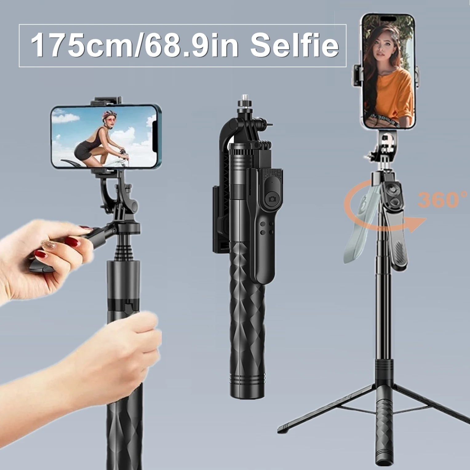 68.9’‘/175cm Tall 360° Rotation Panorama Selfie Stick Tripod with 1/4 Standard Screw for Mobile Smartphone