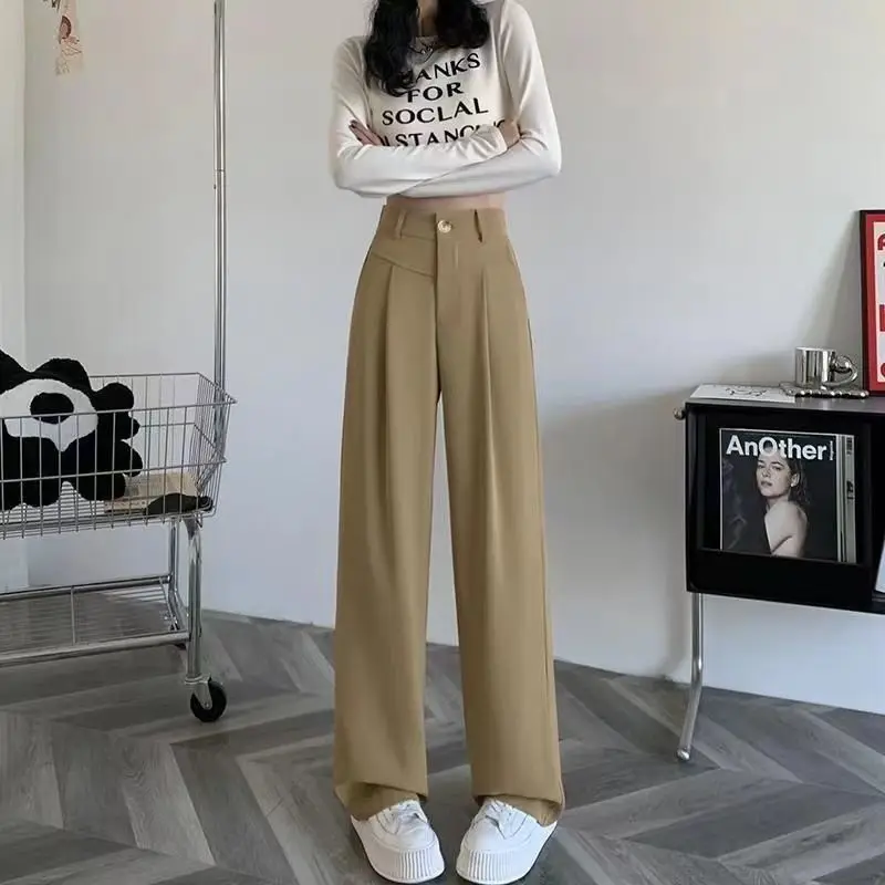 

Spring and Autumn Women's Solid Colors High Waist Fashion Floor Wide Leg Pants Loose Button Korean Casual Commuter Trousers