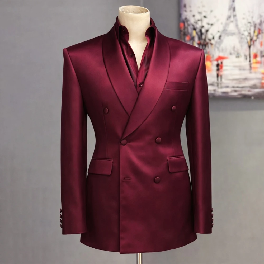 

Бордовые мужские вечерние костюмы для свадьбы 2026 года, на заказ, двубортные, с шалевым воротником, комплект из 2 предметов: пиджак и брюки, элегантные полные комплекты