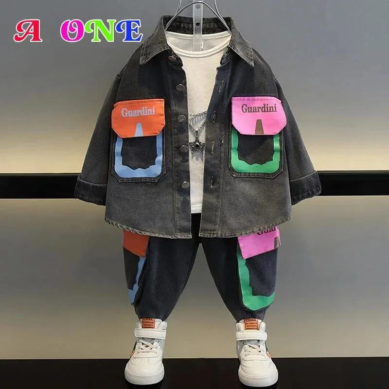 

boys denim suit spring autumn todder kids set clothes jacket + pants 2 pcs fashion patchwork 2-12y