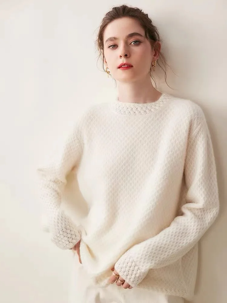 

100% Pure Wool Women's Sweater 2024Autumn/Winter Heavy Industry Hook Flower Hollow Fashion Half High Neck Loose Knitted Pullover