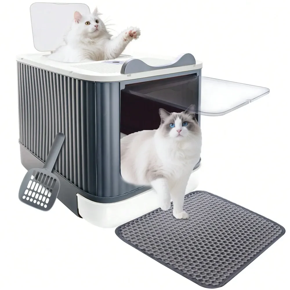 

Cat Litter Box Litter Box Cat AccessoriesLitter Box With Litter Mat And Scoop, Foldable Cat Litter Box With Lid, PullOut Cat Lit