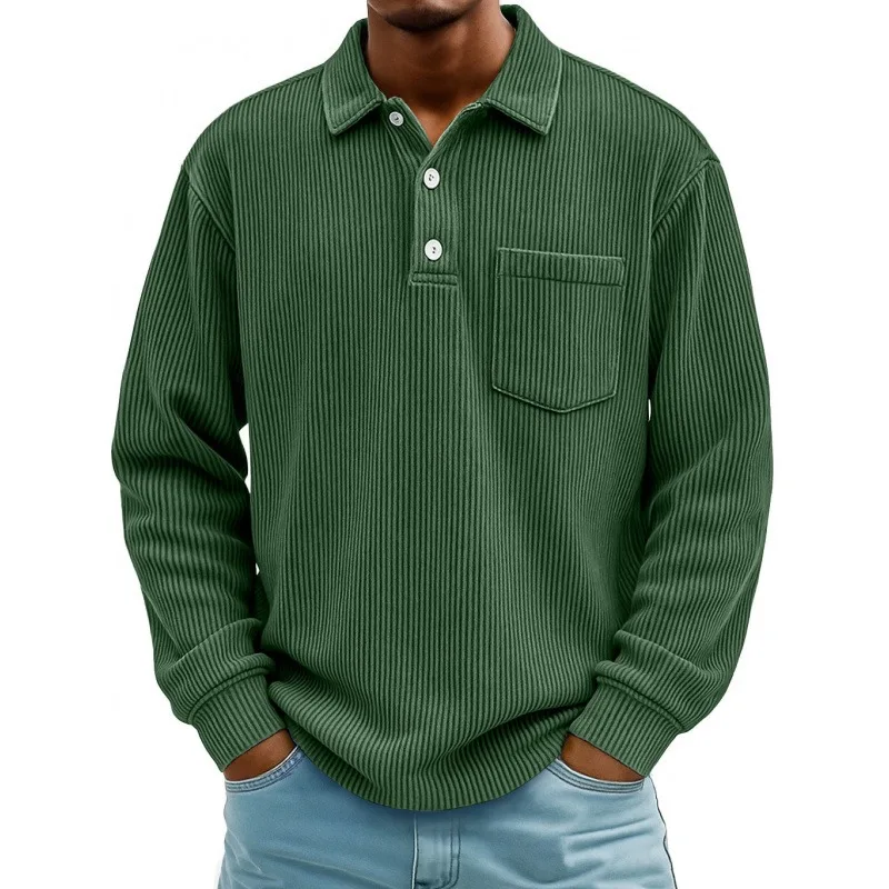 Men Striped Long Sleeve Polo Shirt With Pocket Casual Button Down Tops For Amazon Independent Station