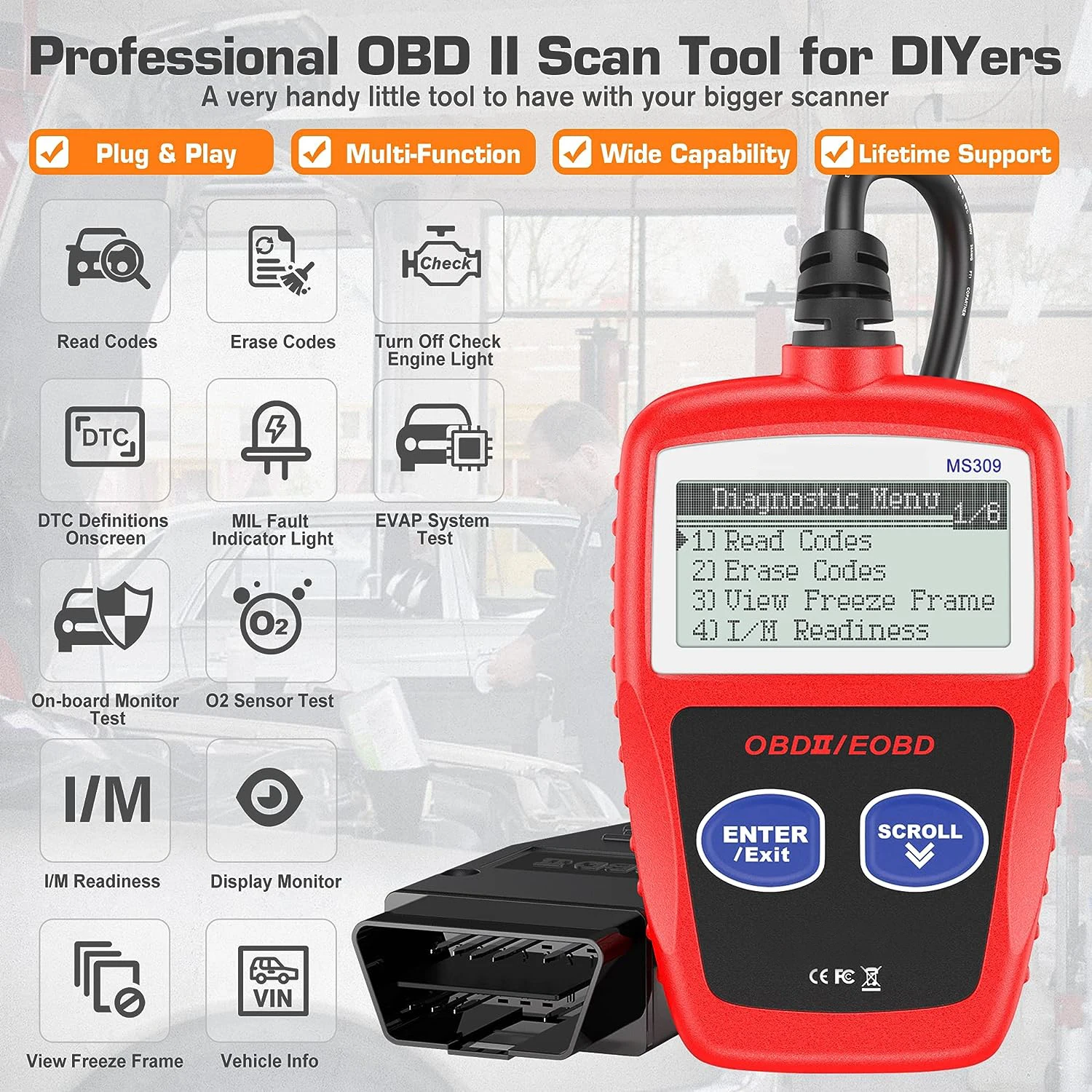 MS309 Multi-Language Automotive Engine Error Code ReaderCheck Engine Light and Emissions Monitoring StatusOBD2 CAN Scan Tool