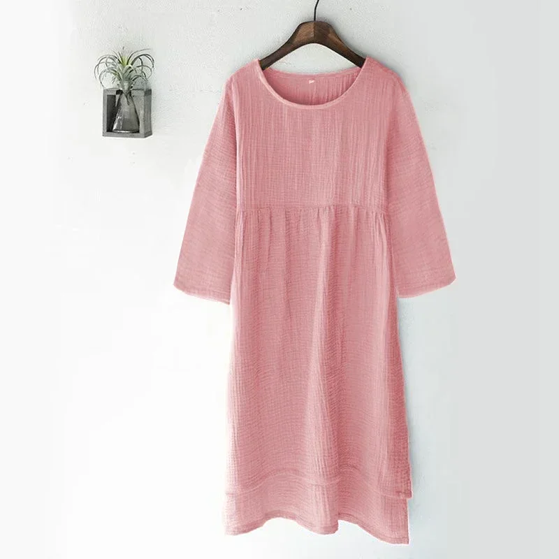 Vintage 100% Cotton Gauze Summer Dress Solid O-Neck Short Long Basic Home Women Sundress Parent-Child Outfit 121964WLA