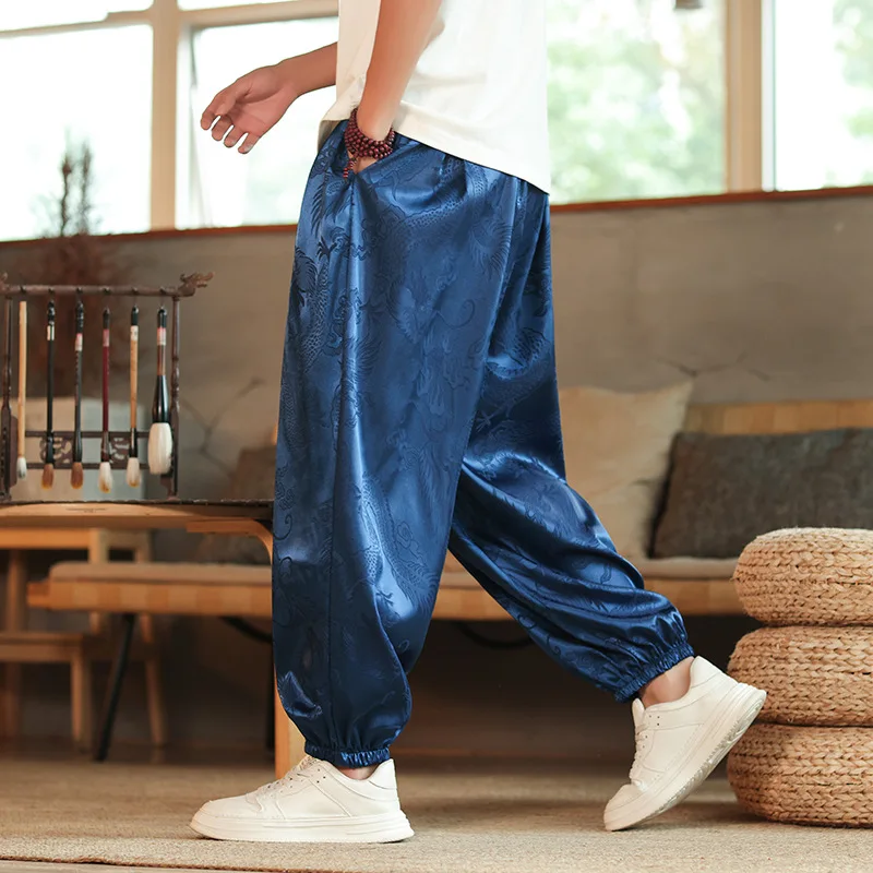 2026 New Outdoor Brand Pants For Men Lce Silk Dragon Dark Flower Loose Bloomers High Quality Wide Leg Casual Trousers Male