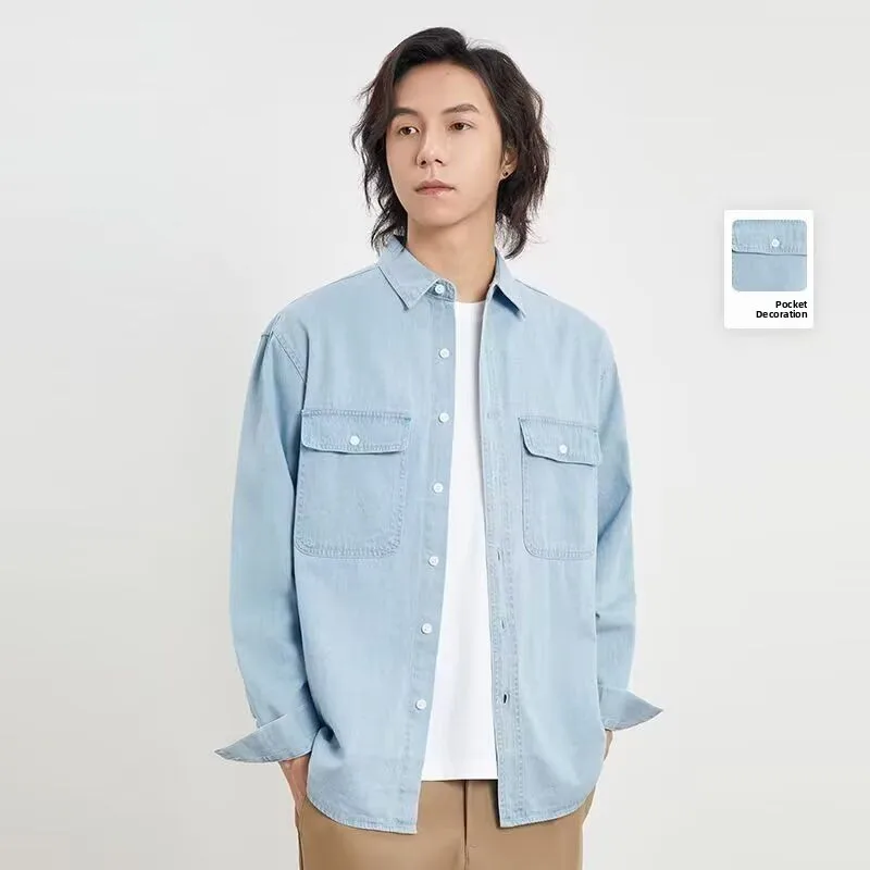 

New Men's Casual Loose irt Autumn Faion Versatile Outerwear Stand Fit Long Sve Flip Collar Button up Spring Wear