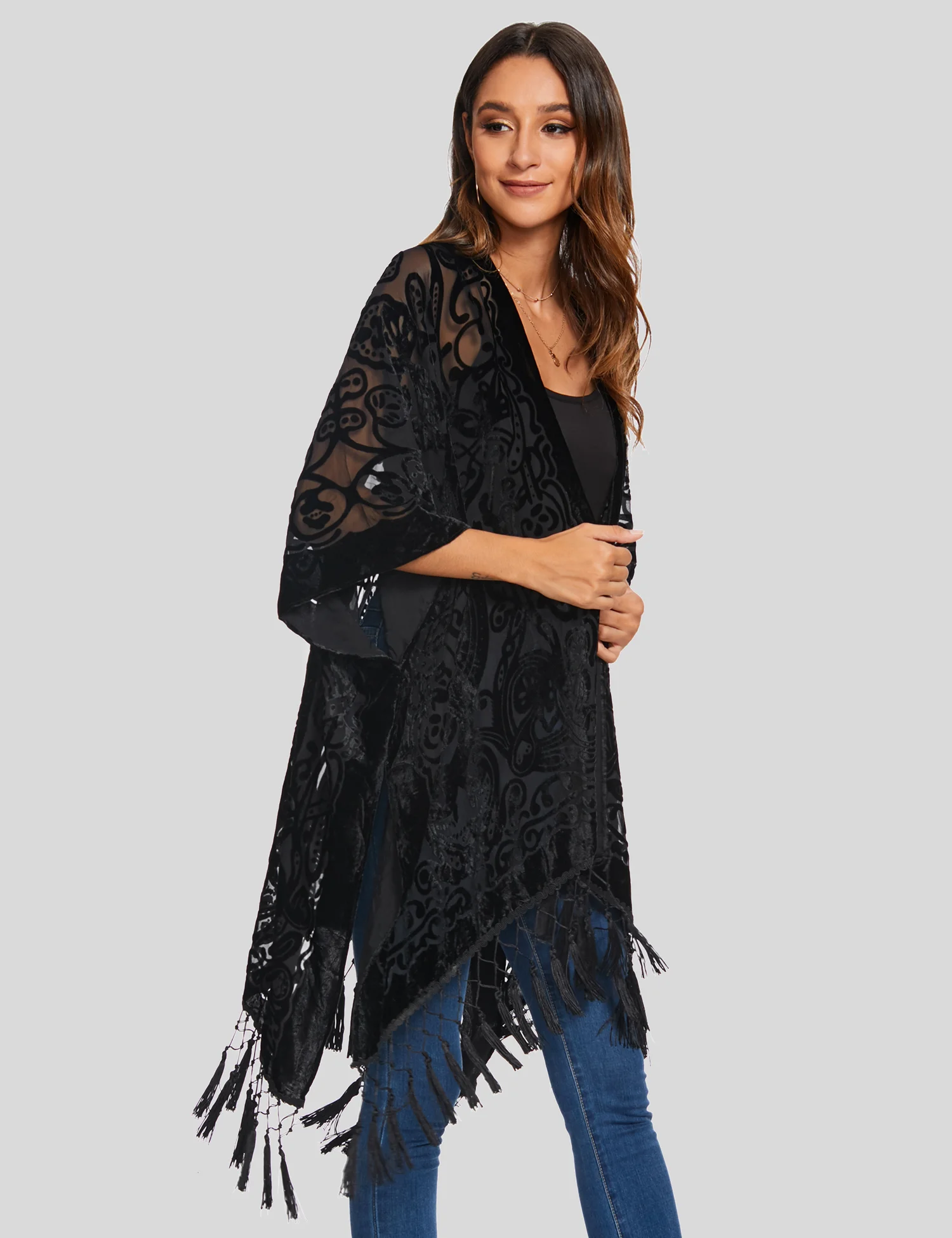 MJSERECA New Bohemian Burnt Plush Kimono for Woman Long Cardigan With tassel Beach Cover-up Casual Cardigan Shawl Chiffon Shirt