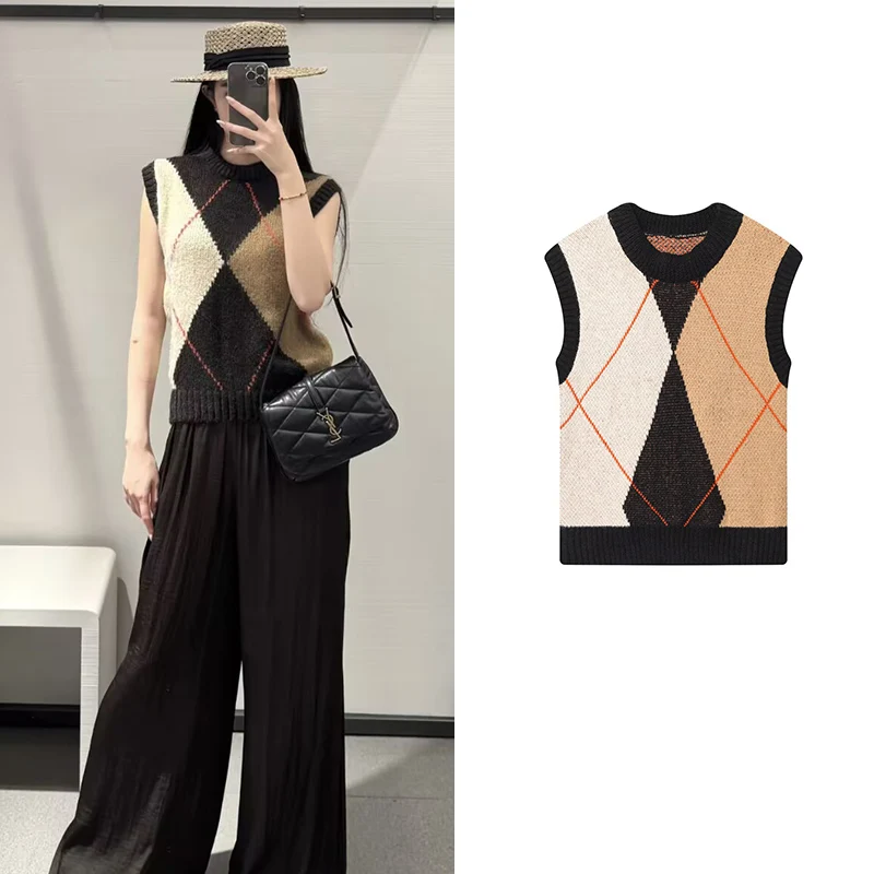 

Жилеты, женский свитер, осень 2024, новая мода, тонкий свитер с круглым вырезом в британском стиле с бриллиантами Dlaid, уличный шикарный свитер, жилеты