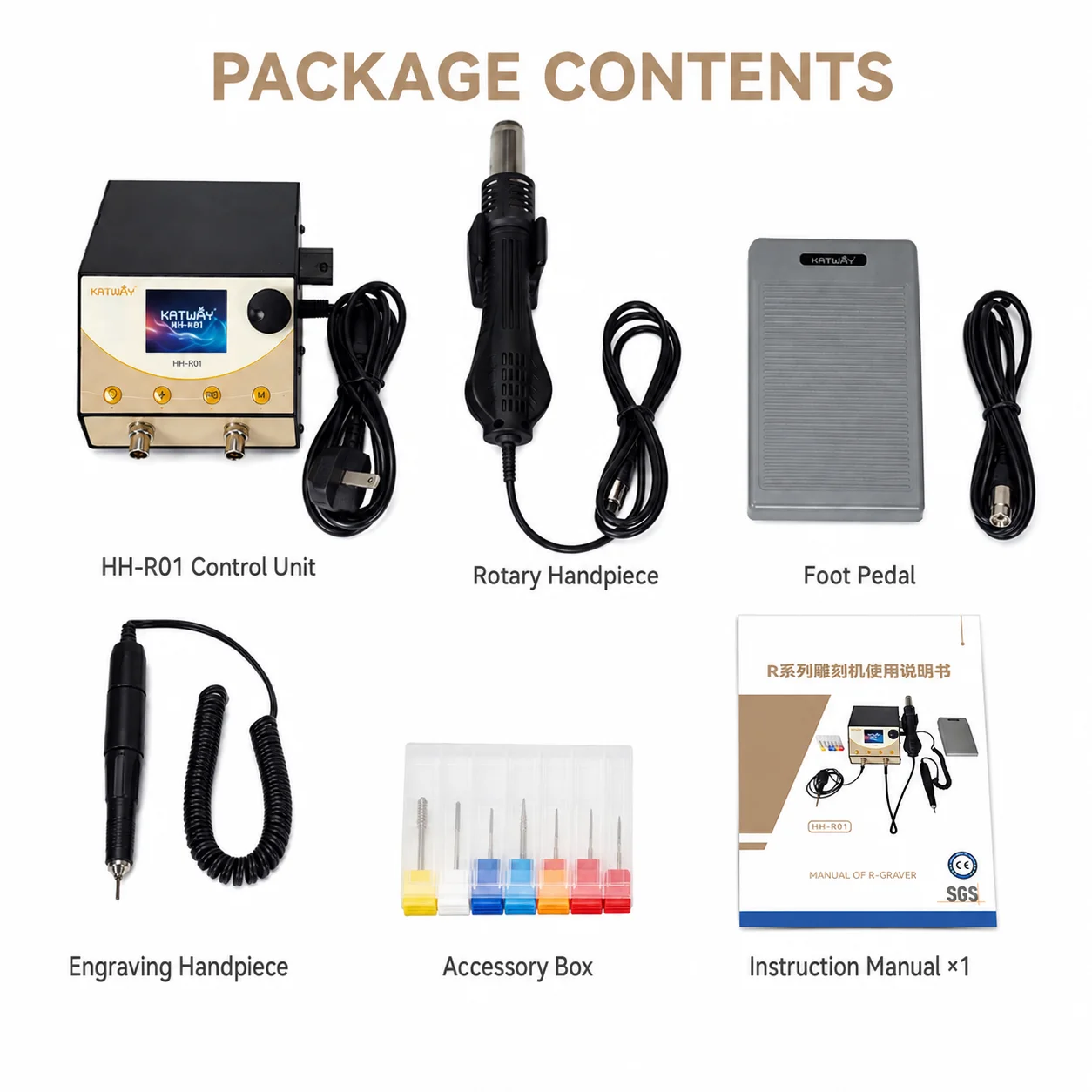 HH-R01 3-in-1 Electric Jewelry Engraving Machine Air-Free R-Graver with 35000RPM Micromotor Hot Air Gun Foot Pedal