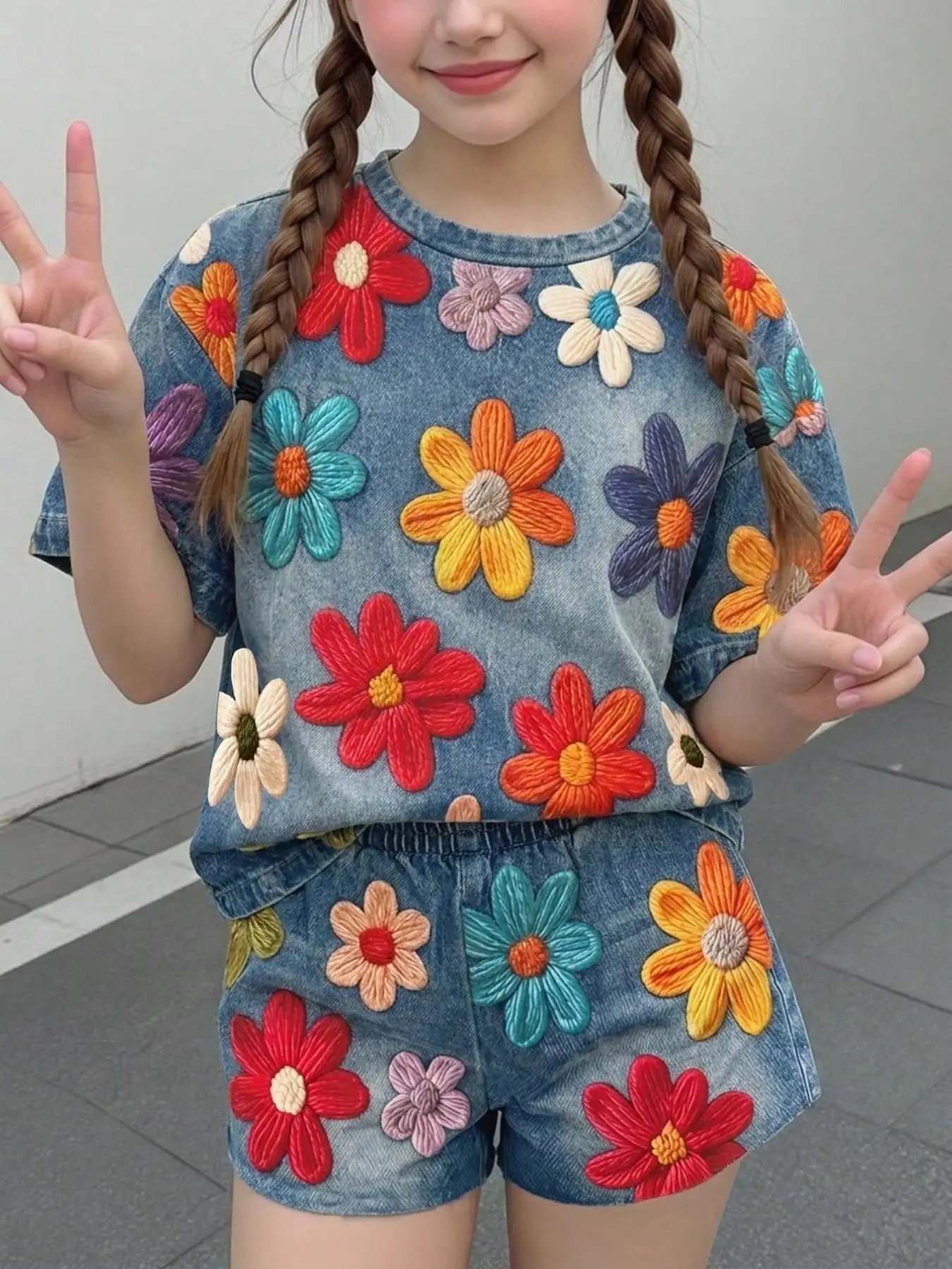 Girls' Casual Outfit, Faux Denim Style Short-Sleeve Top + Shorts Two-Piece Set, Multiple Colors, Floral Print Set Suitable for Girls over 3 Years Old, Suitable for Home, Outings, Travel, and School Wear