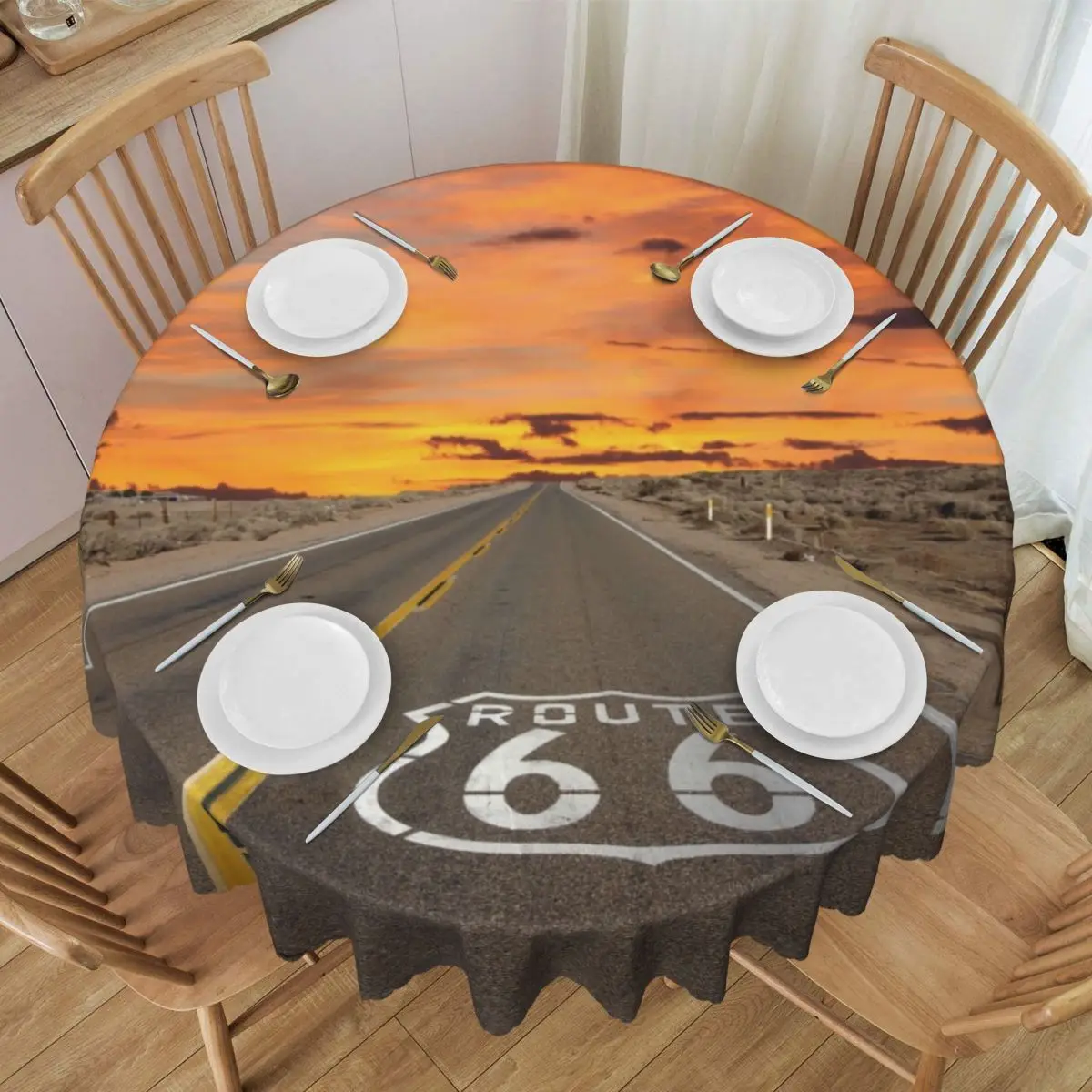 Round Fitted America Highway Route 66 Table Cloth Waterproof Tablecloth 60 inch Table Cover for Kitchen Dinning