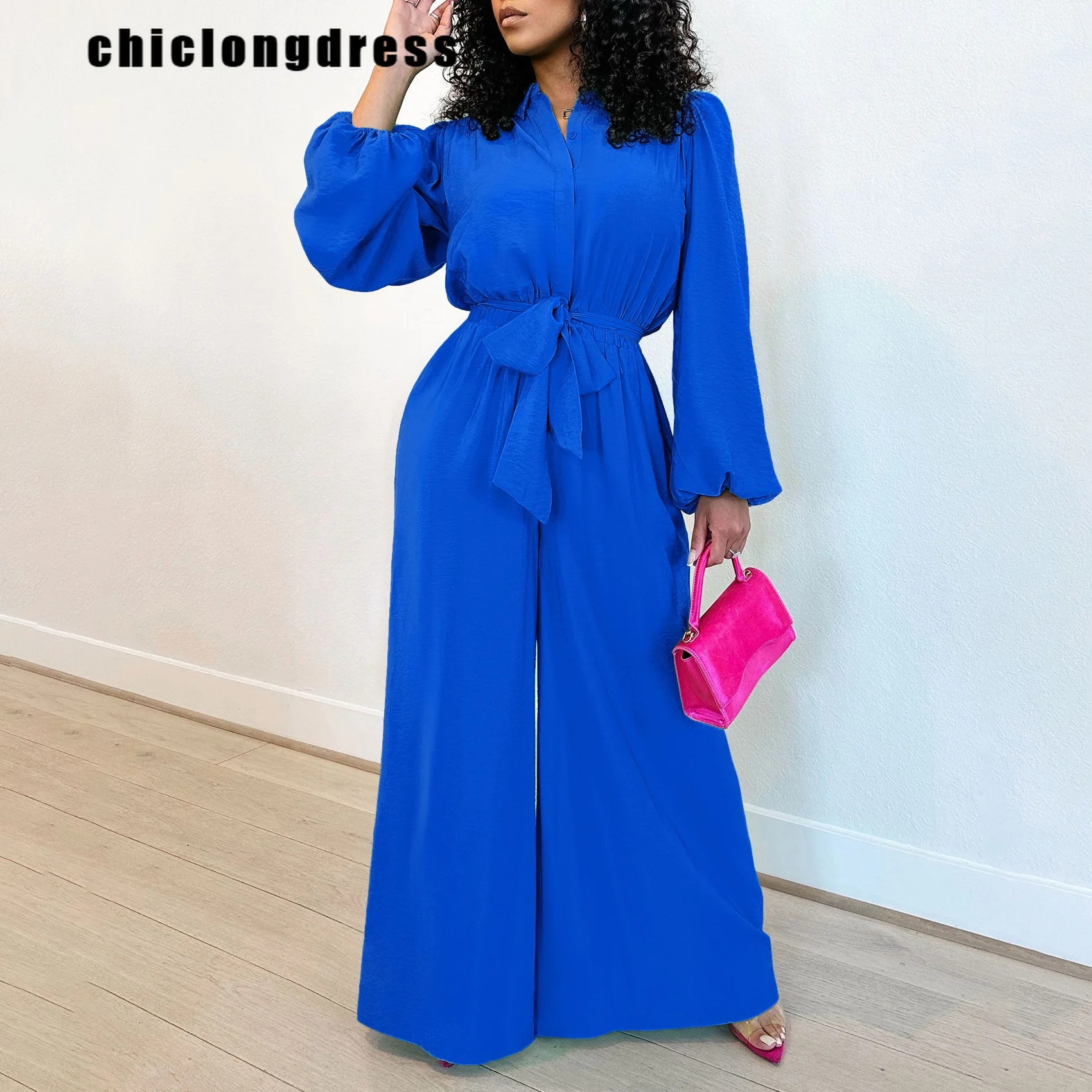 

Autumn Winter Fashion Shirt Wide Leg Jumpsuit Women Casual OL Lapel Long Sleeved Button Tied Jumpsuit Women