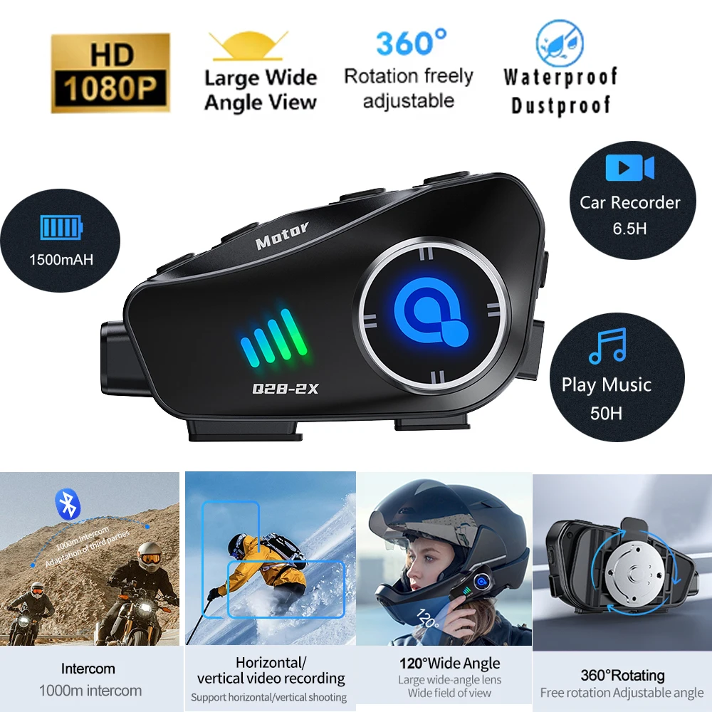 

2024 New Motorcycle Bluetooth Headset 1080P HD Camera Recorder TF Card Headphones Wireless All-In-One 1000m two-person intercom