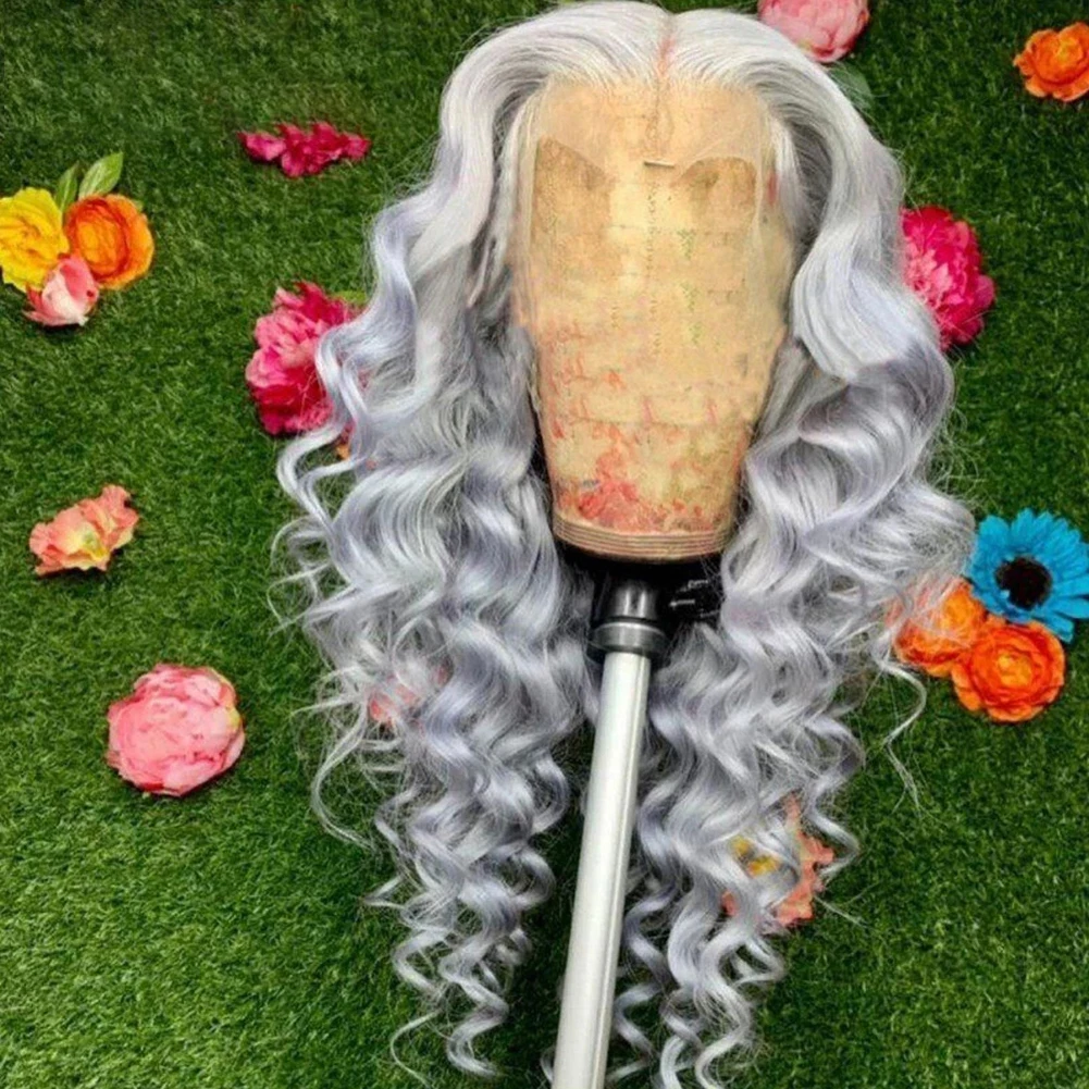 Charisma-peluca sintética con malla frontal para mujer, pelo largo y rizado, línea de pelo Natural, predesplumada, color rosa y gris, Cosplay