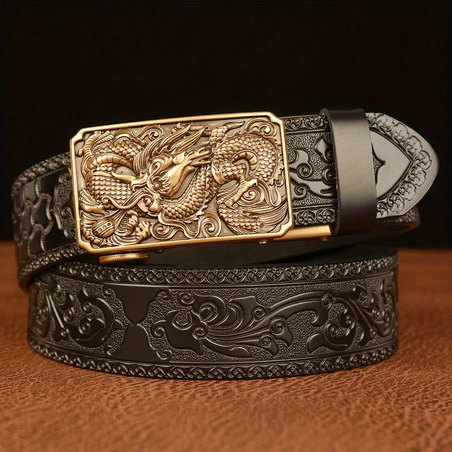 

POYYAS Mens Belt for Women Fashion Retro Western Cowboy Alloy Buckle Embossed Floral Genuine Leather Belt - Pattern Letter Buckle Belt - Stylish, Durable Adjustable Belts - Ideal Holiday Gift Choice
