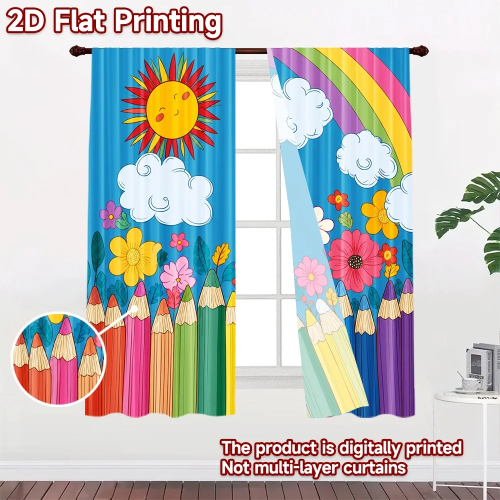 2D flat 2pcs Curtain French Romantic Style Curtains Rainbow Sun Flower Pencils Digitally printed polyester, colorfast Party &