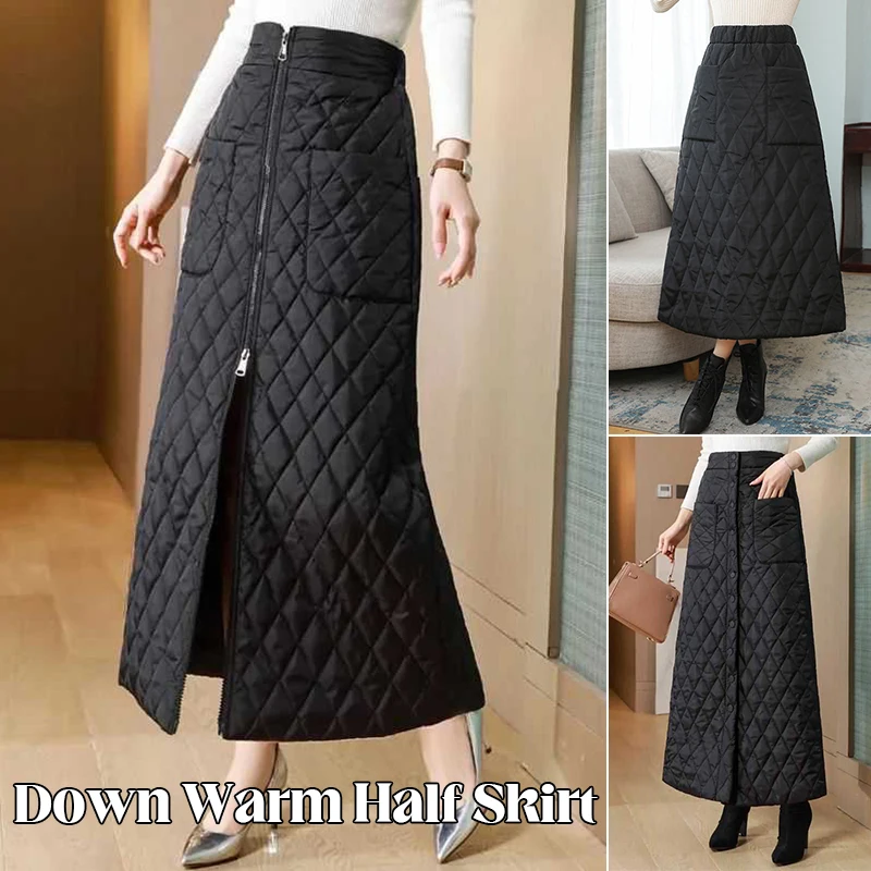 Women Winter Skirt Windproof Warm Down Cotton Skirt High Waist Quilted Cotton Padded Skirts Office Lady Elegant Skirt