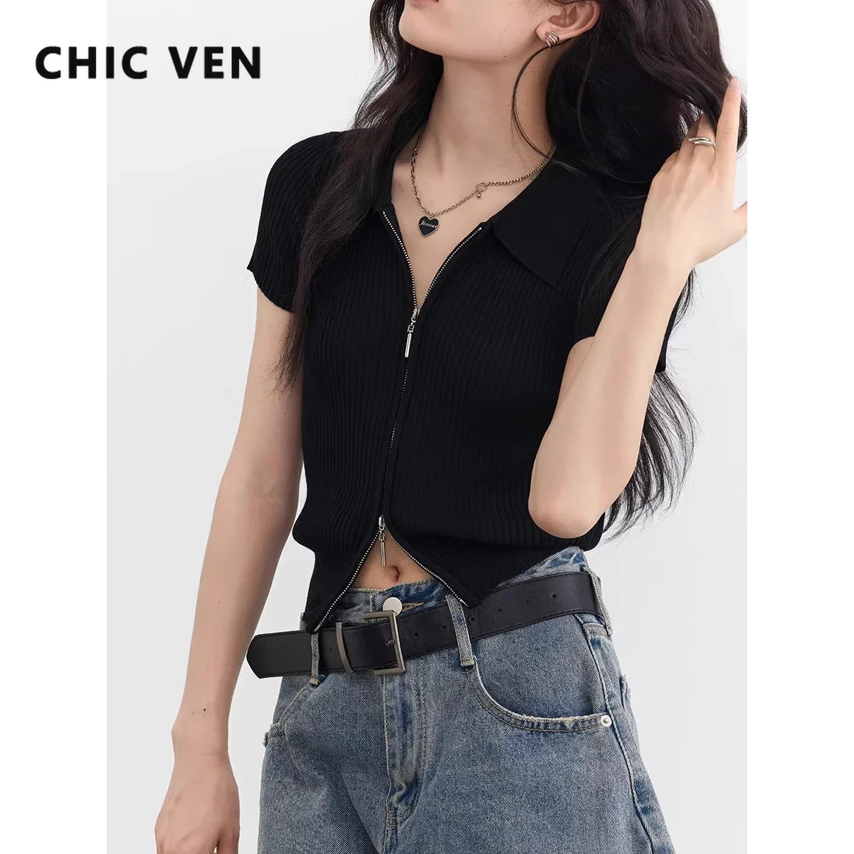 CHIC VEN Korean Women Tops Solid Zipper Cardigan Knitted T-Shirts Short Sleeve Polo Female Top 2023 Summer Tees For Girl