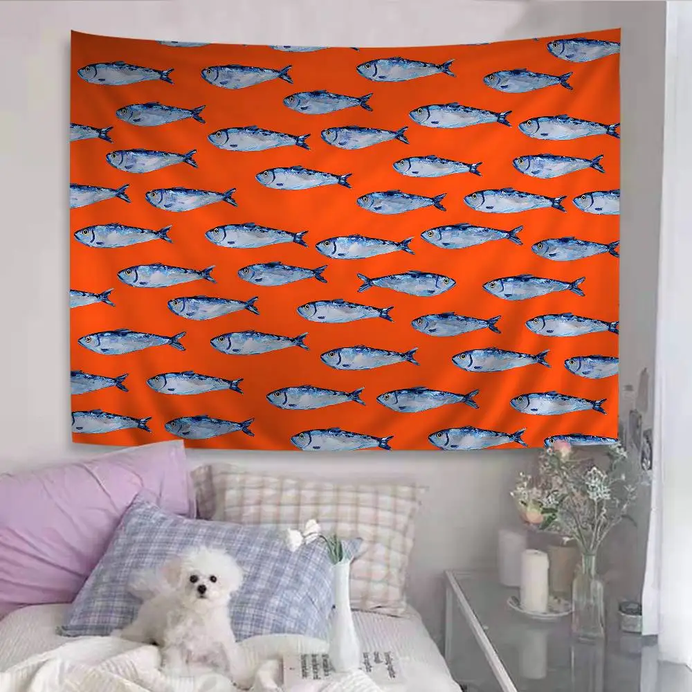 Popular Fish Cartoon Sardine Art Printed Large Wall Tapestry Indian Buddha Wall Decoration Witchcraft Bohemian Hippie