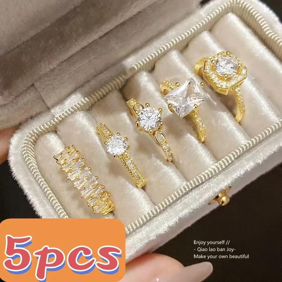 

5Pcs Zirconia Open Circle Rings for Women Luxury Elegant Fashion Jewelry Set Unique Design Statement Rings Gift Accessorie