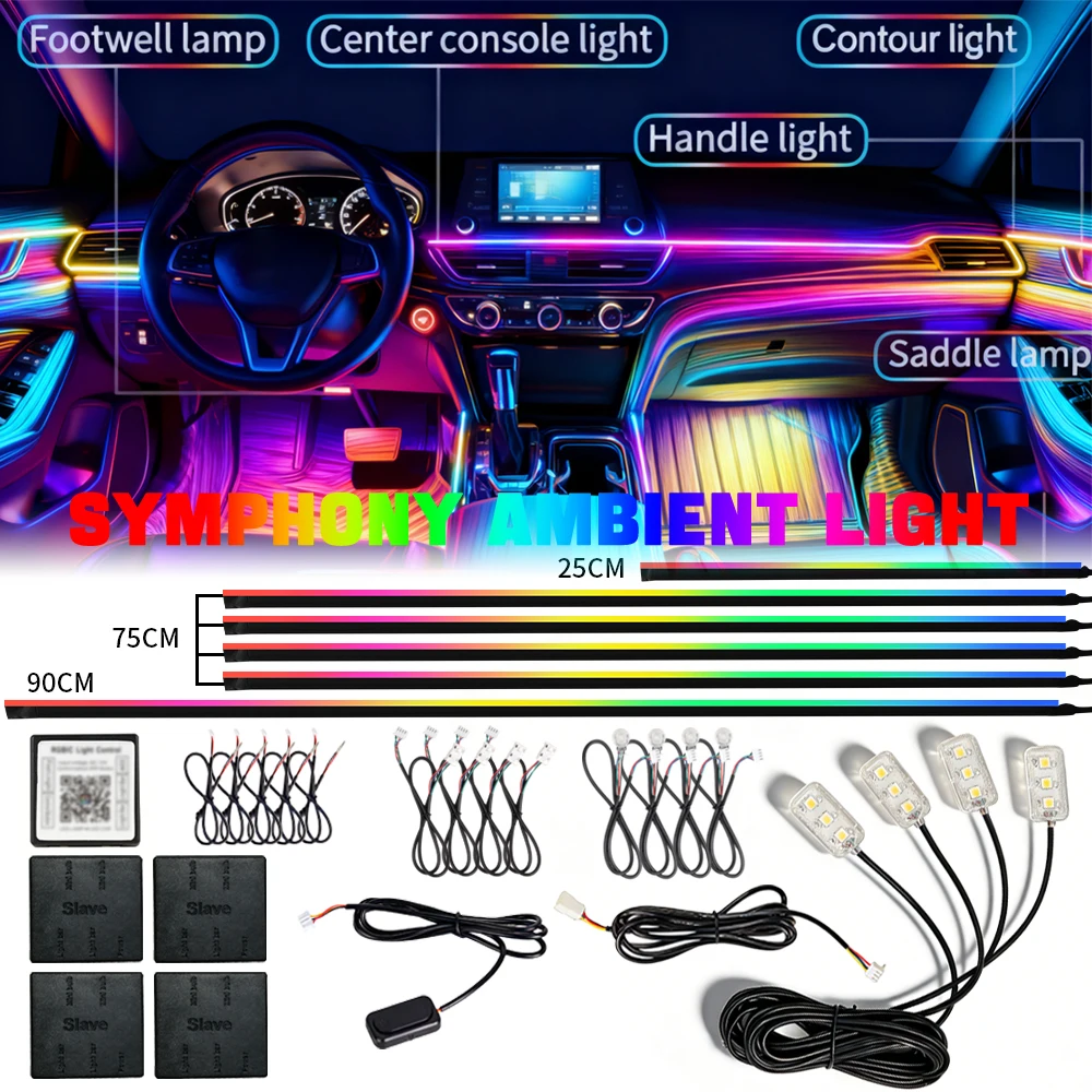 

Светодиодная декоративная подсветка для автомобиля RGB, 64/213 цветов, одна/две зоны, синхронизация, акриловый, управление через приложение, комплект атмосферной подсветки для ног