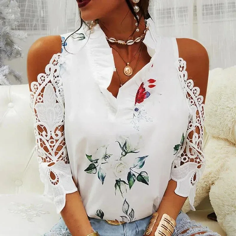 Fashion Summer Elegant Women Blouse Hollow Out Printed Sexy V-Neck Short Sleeve Lace Shirts Female Strapless Blouses Tops 19361