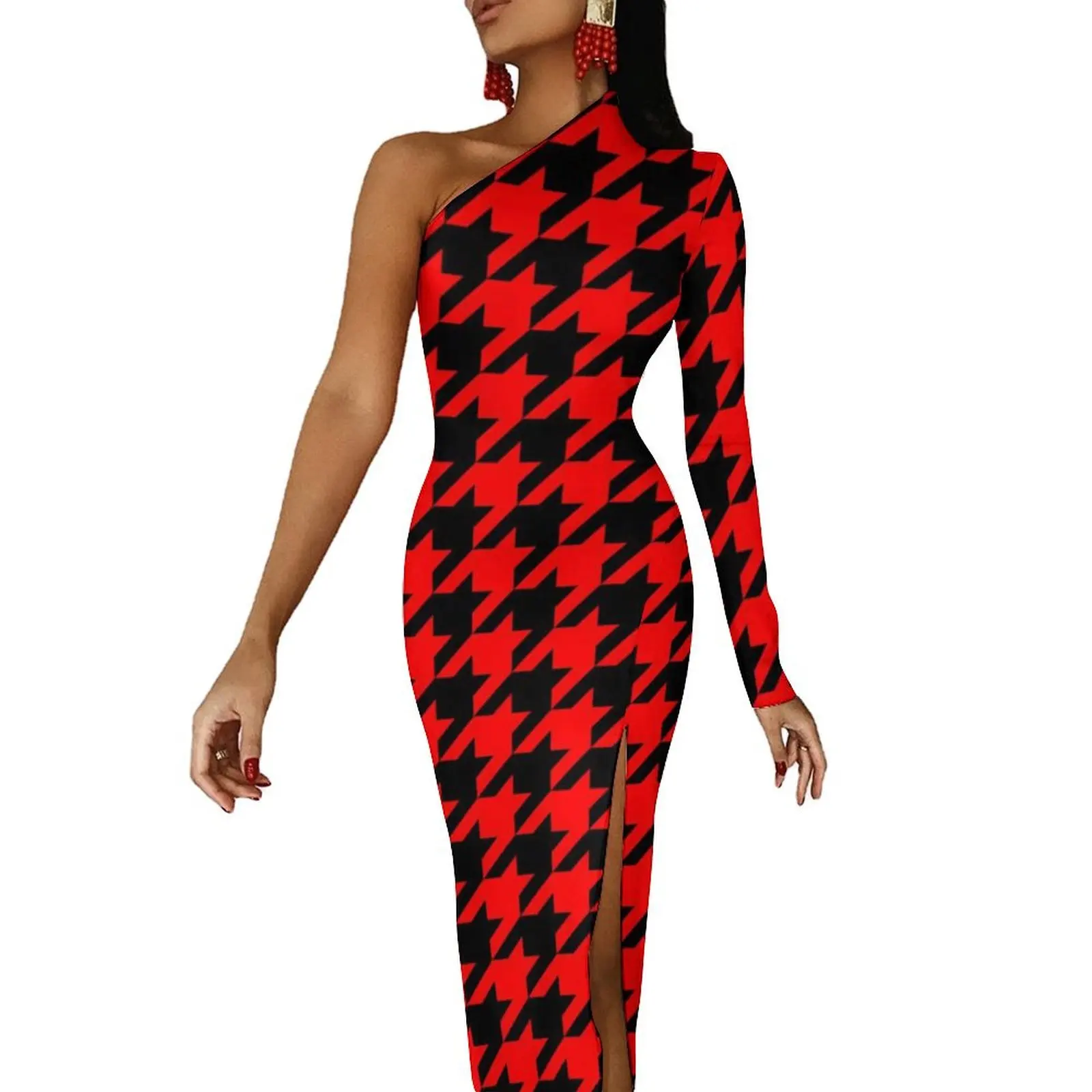 

Houndstooth Maxi Dress Long Sleeve Red And Black Aesthetic Bodycon Dresses Summer Elegant Dress Women Design Vestido