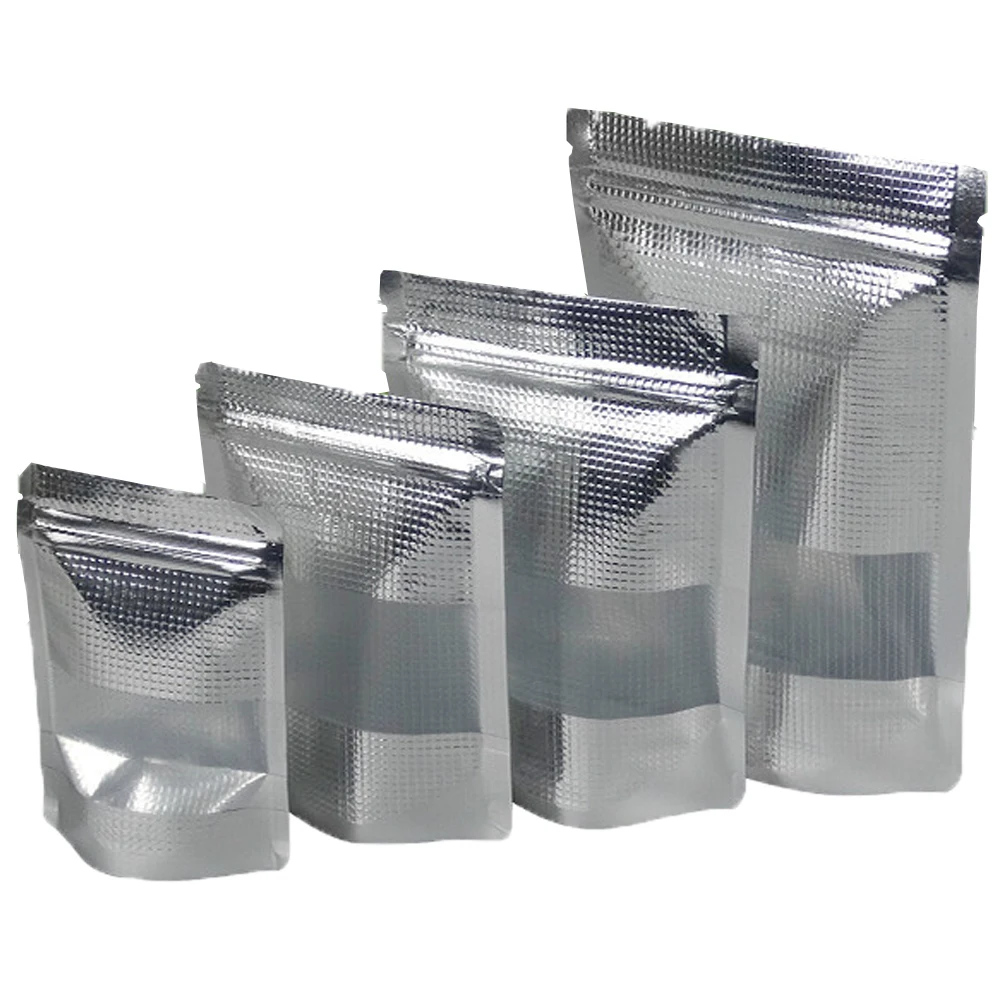 100Pcs Self Grip Seal Tear Notch Doypack Food Pack Pouches Silver Aluminum Foil Zip Lock Stand Up Bag with Frosted Window Lines