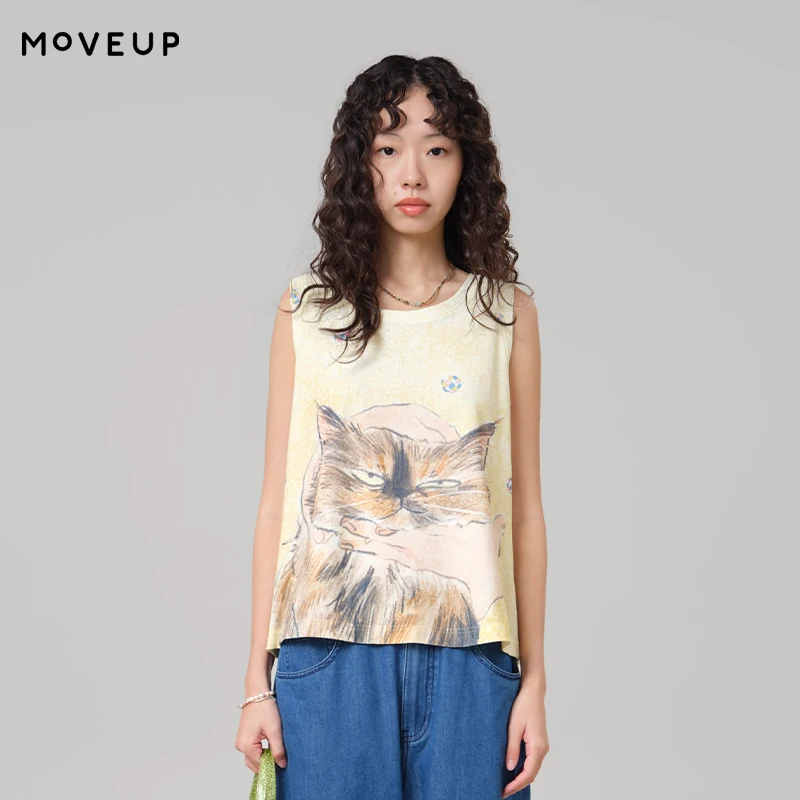 MOVEUP Yellow Sleeveless Casual Round Neck Tank Top 2026 Summer New Digital Cat Print Loose Pure Cotton Top For Women 3ELX11107