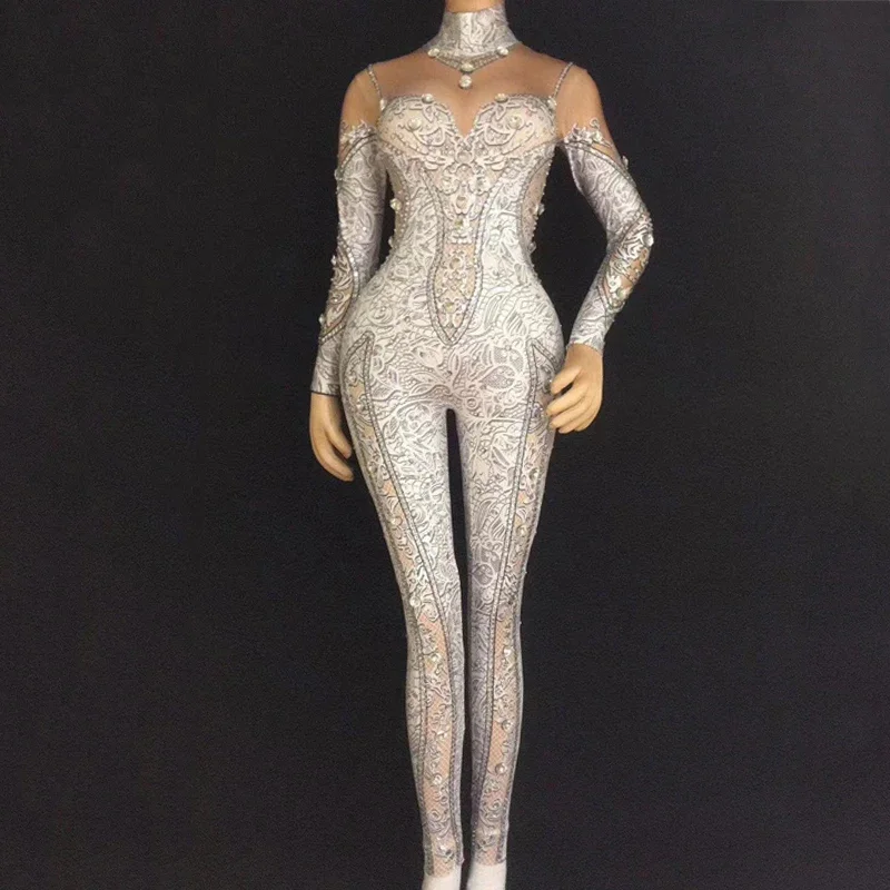 

Bright Rhinestones Jumpsuit Stretch Bodysuit Women Nude Crystals Costume Jumpsuit Nightclub Stage Jazz Rave Outfits DT377