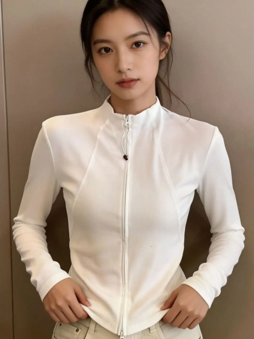 Slim Fit Long Sleeve T-Shirt Women's Cardigan Jacket Double Zipper Stand Collar Early Autumn New Style Base Shirt Top