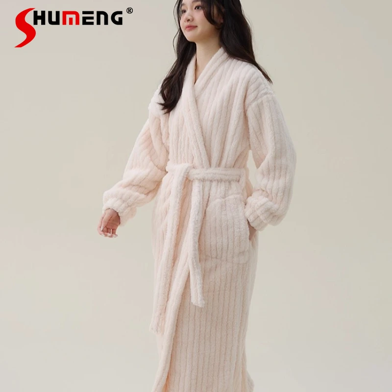 

Autumn Winter Thickened Fleece Nightgown for Women Striped Cotton Fleece Bathrobe Female Japanese Style Pajamas Pants Set