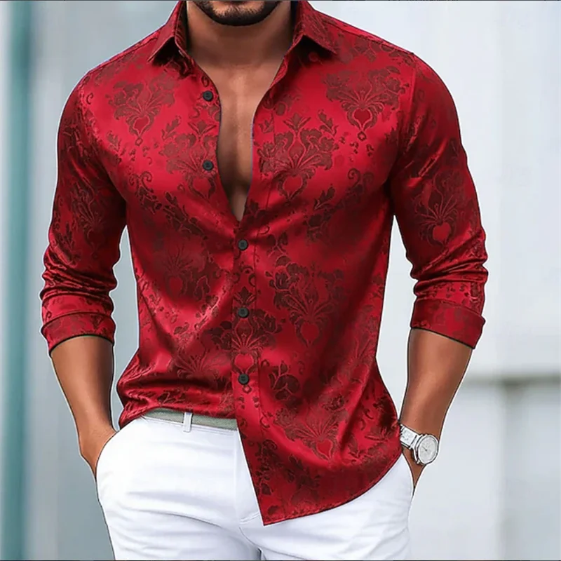 Men's 3D rose print ethnic shirt Western style shirt Cowboy shirt Long sleeved retro outdoor vacation top