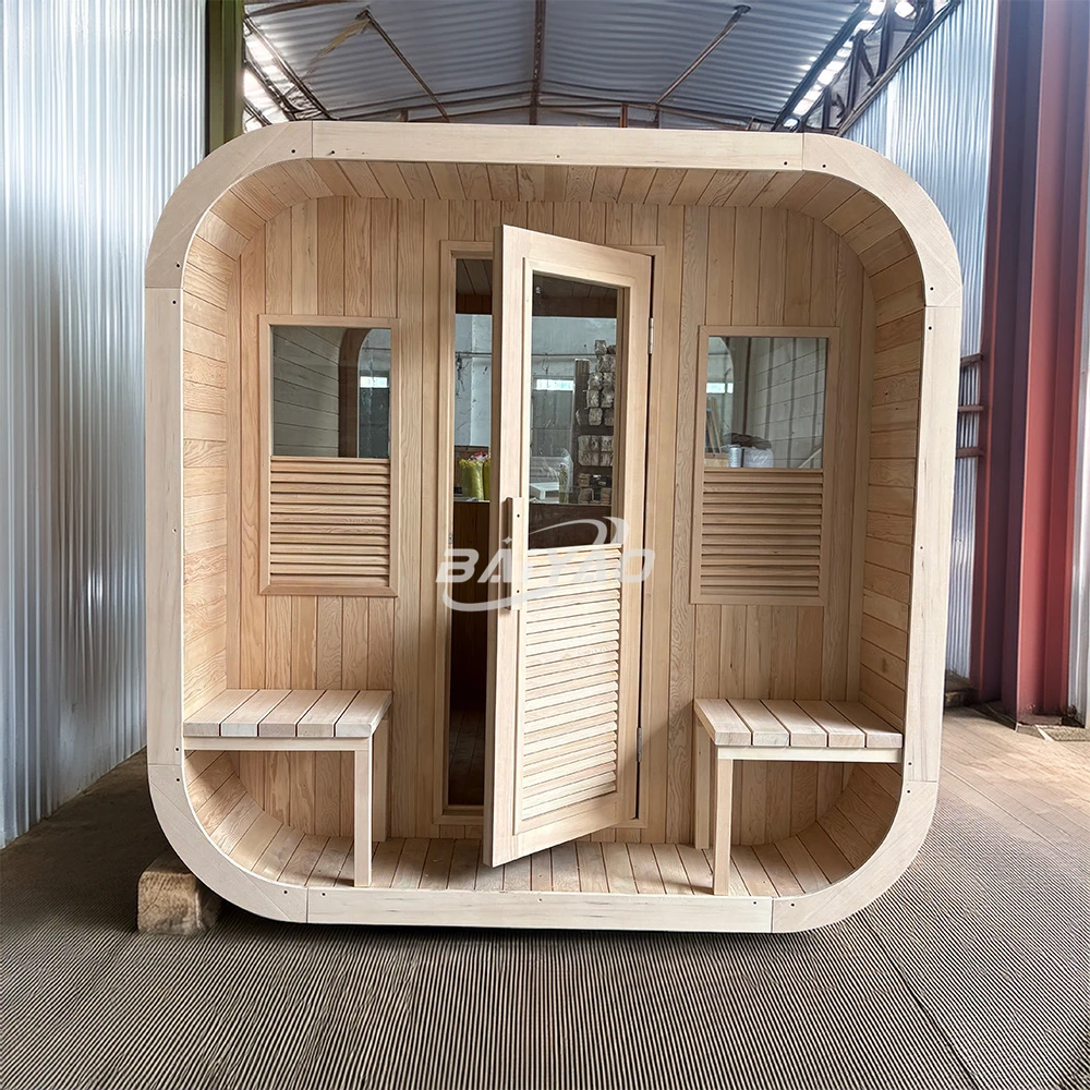 Casa de Sauna al aire libre de lujo, sala de vapor de Sauna seca moderna tradicional con estufa de calefacción, sistema de chimenea y quemado de leña