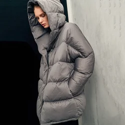 Outdoor Women's Winter Light Puff Down Jacket 2024 New Hooded Solid Thick Parka 90 White Duck Down Warm Loose Casual Overcoat