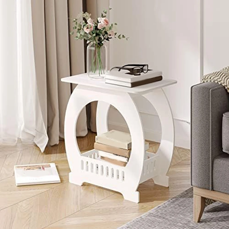 1 Piece End Table White Nightstand With Storage Shelf Basket Slim Coffee Tables Small Spaces,Sofa Table