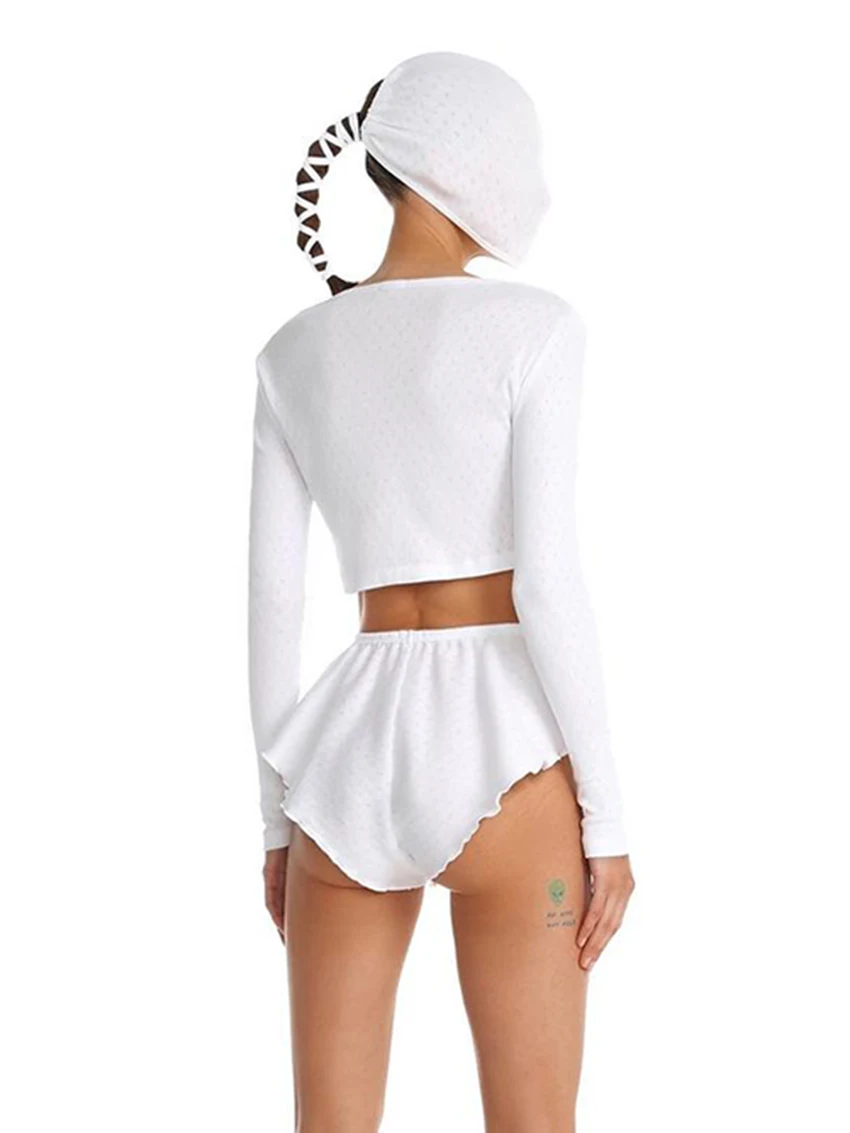 Marthaqiqi Home Clothes Women Sexy V-Neck Sleepwear Long Sleeve Nightgowns Crop Top Nightwear Shorts Casual Nightie 2 Piece Suit