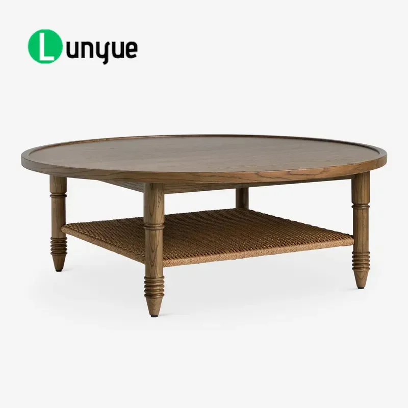 Vintage Round Coffee Table Solid Wood Rattan Top Modern Center Table for Living Room Home Decor Furniture Durable Stylish