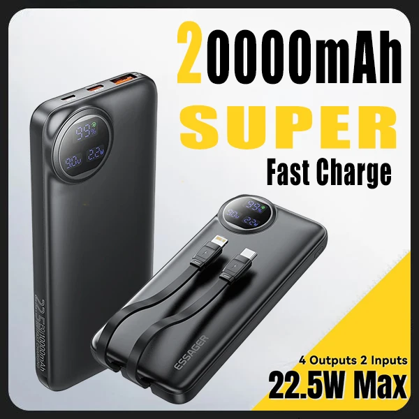 

20000mAh Portable Super Fast Charging Power Bank With 2 Cables 22.5W Digital Display Power Bank For iPhone Xiaomi Samsung