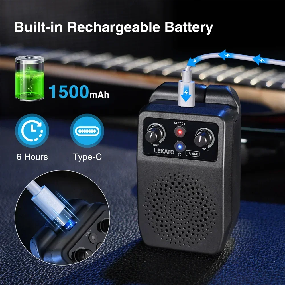 LEKATO Practice  Electric Guitar Amp 5W Portable Guitar Amp Bluetooth with Built-in 4 Effects Clean Distortion Overdrive Reverb
