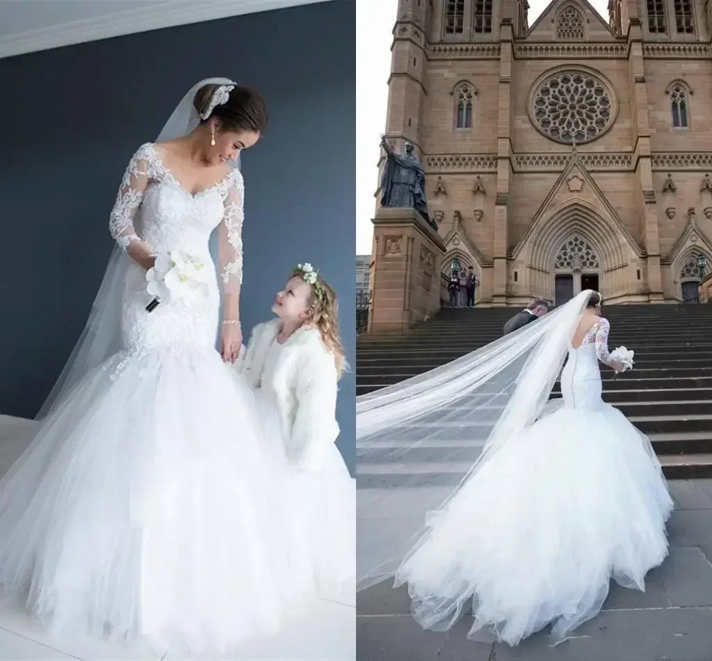 Customized Mermaid Long Sleeves Tulle Appliques Lace Wedding Dresses Vestido De Novia Princesa Backless Bridal Gowns