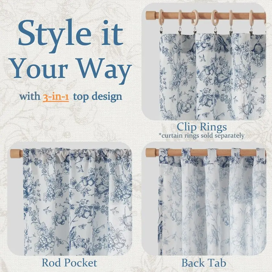 Cortinas Florales de Lino para Sala de Estar, 84 Pulgadas de Largo, Color Azul Toile y Blanco, Cortinas Estilo Campestre Francés con Lengüetas Traseras, Filtrado de Luz, Estampadas