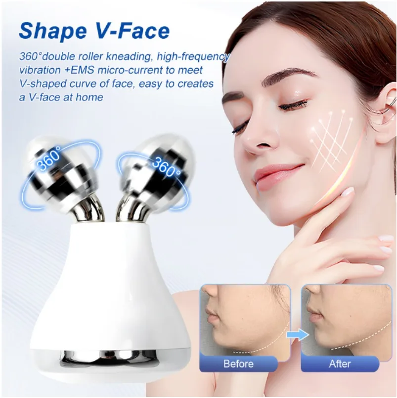 Electric Dual Roller Facial Massager, Micro Current Vibration Beauty Device, Rechargeable Lifting V-line Skincare Tool