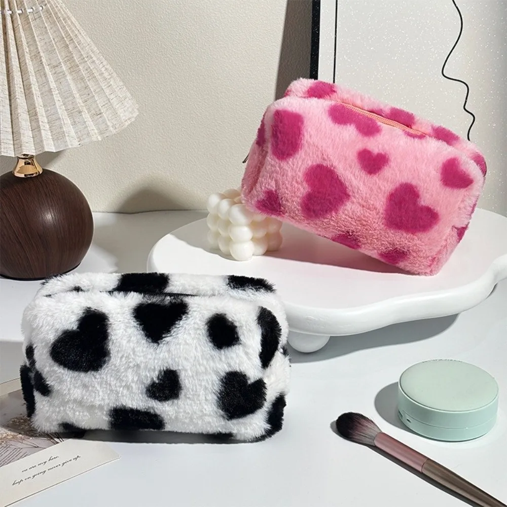 1Pc Durable Fluffy Makeup Bag Heart Print Large Capacity Toiletry Bag Makeup Storage Organizer Women Girls