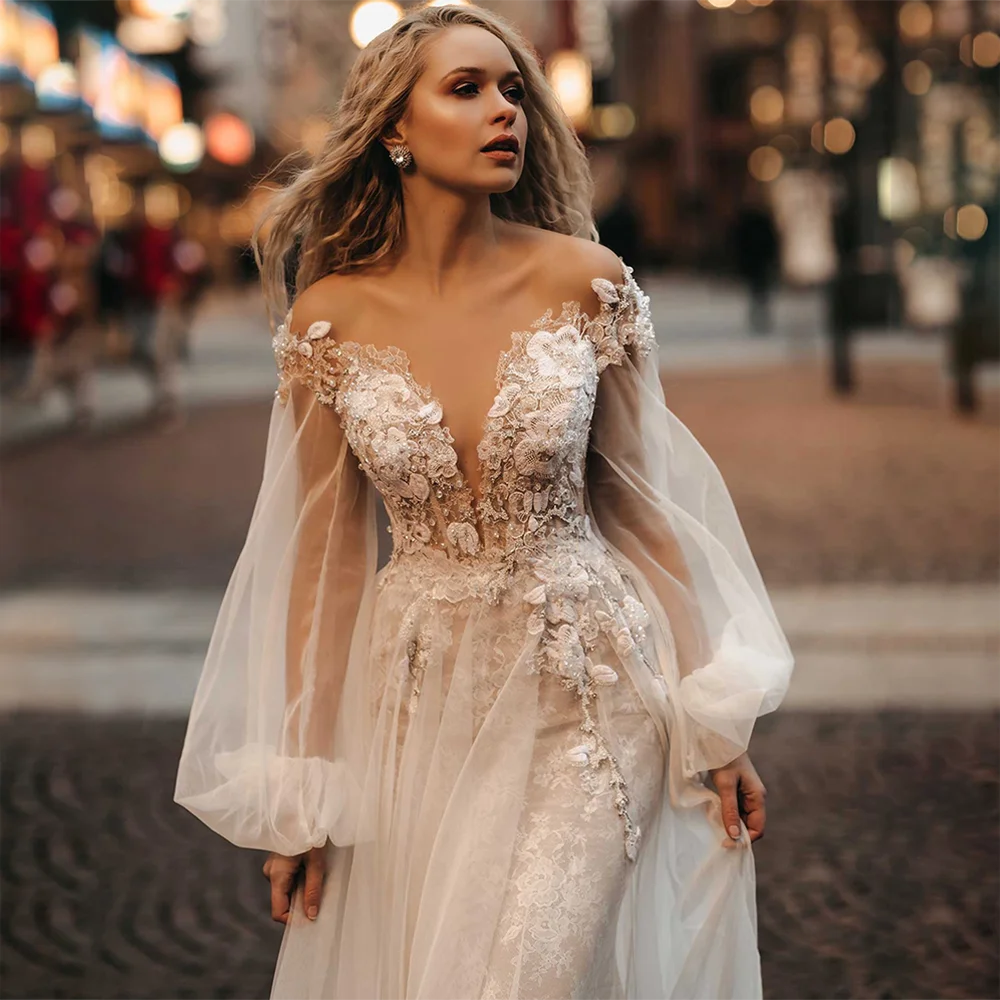 Lovefur s-Robe de mariée à manches bouffantes à col en V, appliques de dentelle A-ligne, robe de mariée dos nu moderne, train de balayage en tulle