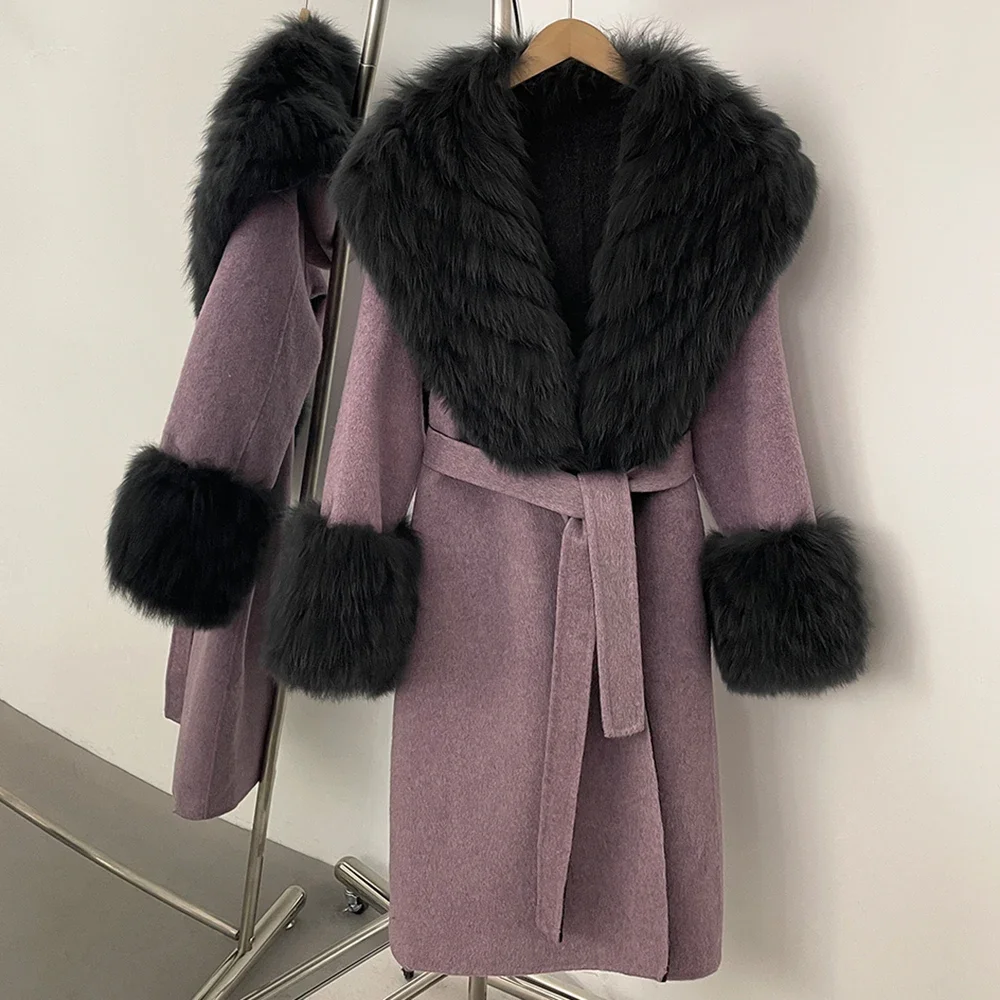 الواقع الفراء سترة معطف طويل الصوف الإناث جديد الخريف الشتاء ريال فوكس الفراء المرأة سميكة الدافئة الفراء الطبيعي على الوجهين سترة صوفية #1