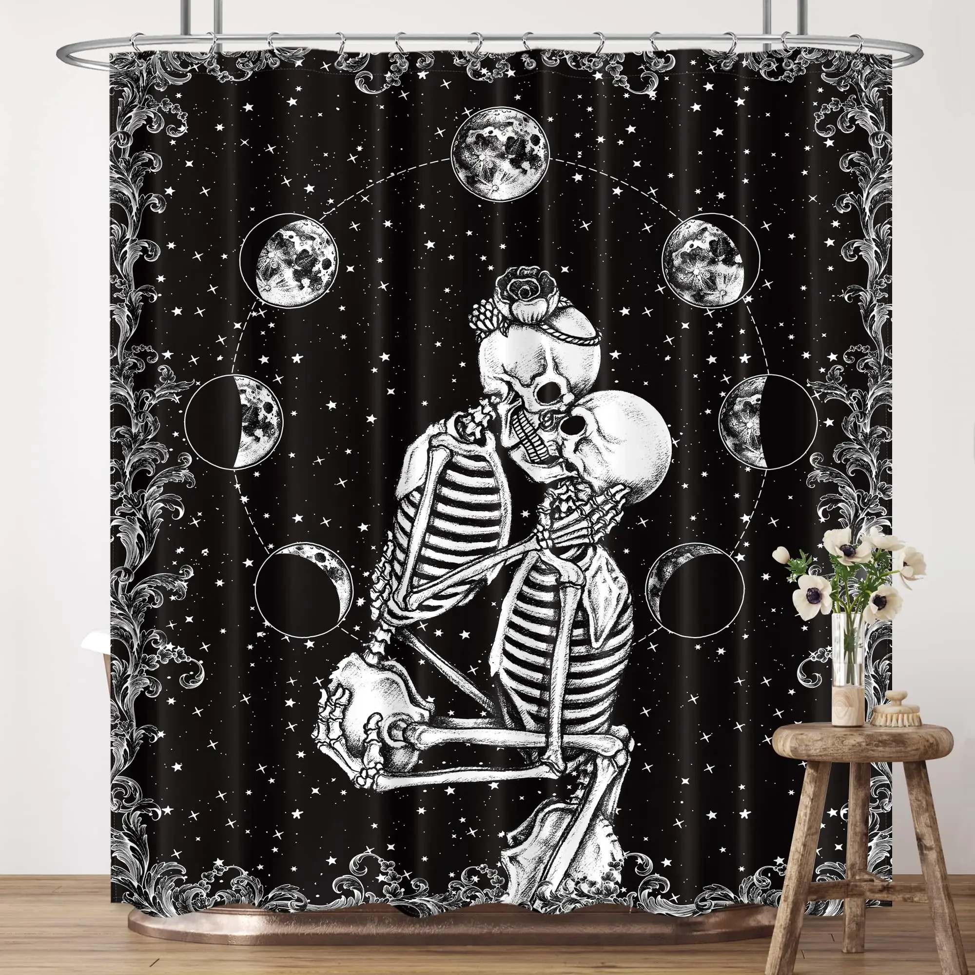 Skull Skeleton Moonlit Shower Curtain Gothic Black White Sugar Spooky Halloween Shower Curtains for Bathroom Bathtub Decor Set