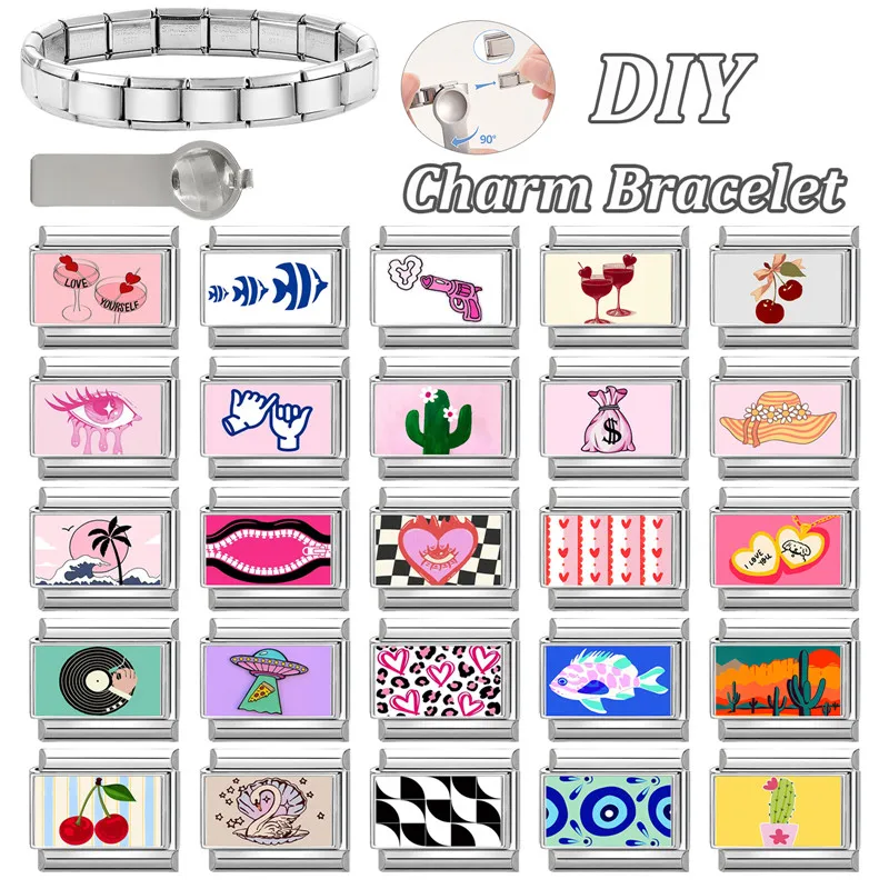 Women Fashion Colorful Pattern Cactus Eyes Cherry Italian Charm Fit 9mm Stainless Steel Bracelet Jewelry DIY Making Wholesale