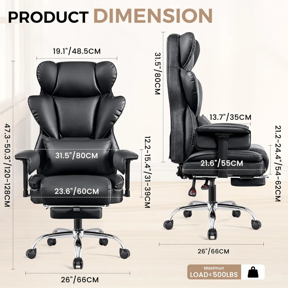 Ergonomic Home Office Chair with Footrest, High Back Desk Chair for Heavy People, 500 LBS Leather Executive Office Chair